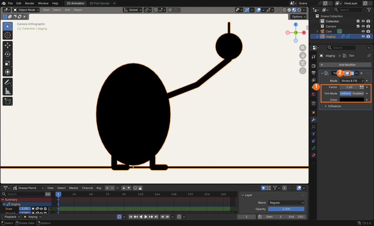 Real screenshot: Tint set to black with Factor 1 (1). The drawing is now a silhouette. The screen icon (2) turns the modifier off again in the viewport.
