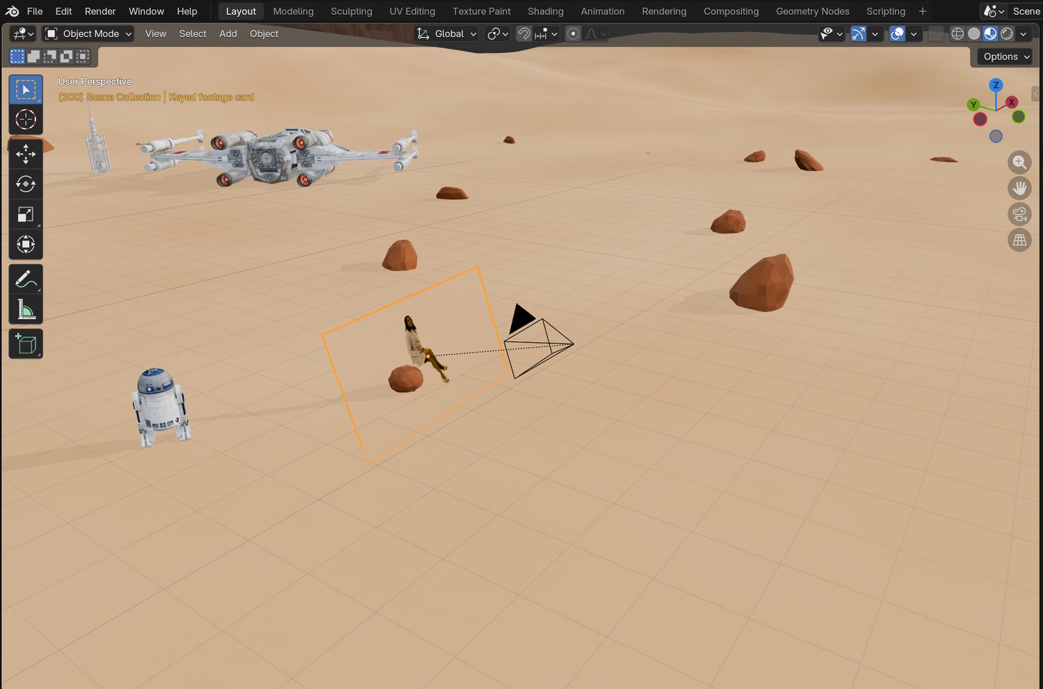 Real screenshot of the demo scene from outside: the tracked camera, the footage card it looks through, the seat rock and the world.