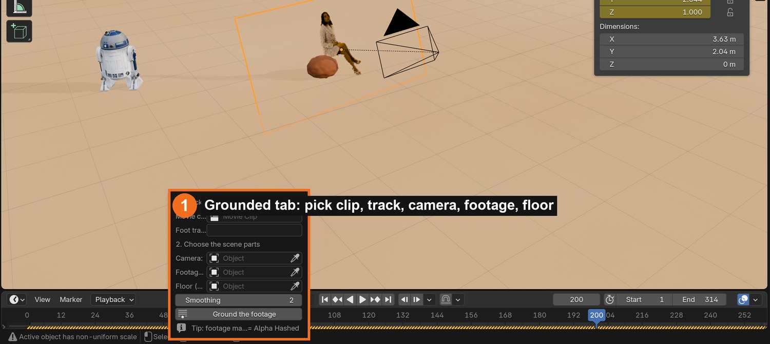 The Grounded tab: choose the clip and Foot track, the camera, the footage plane and the floor, then Ground the footage.