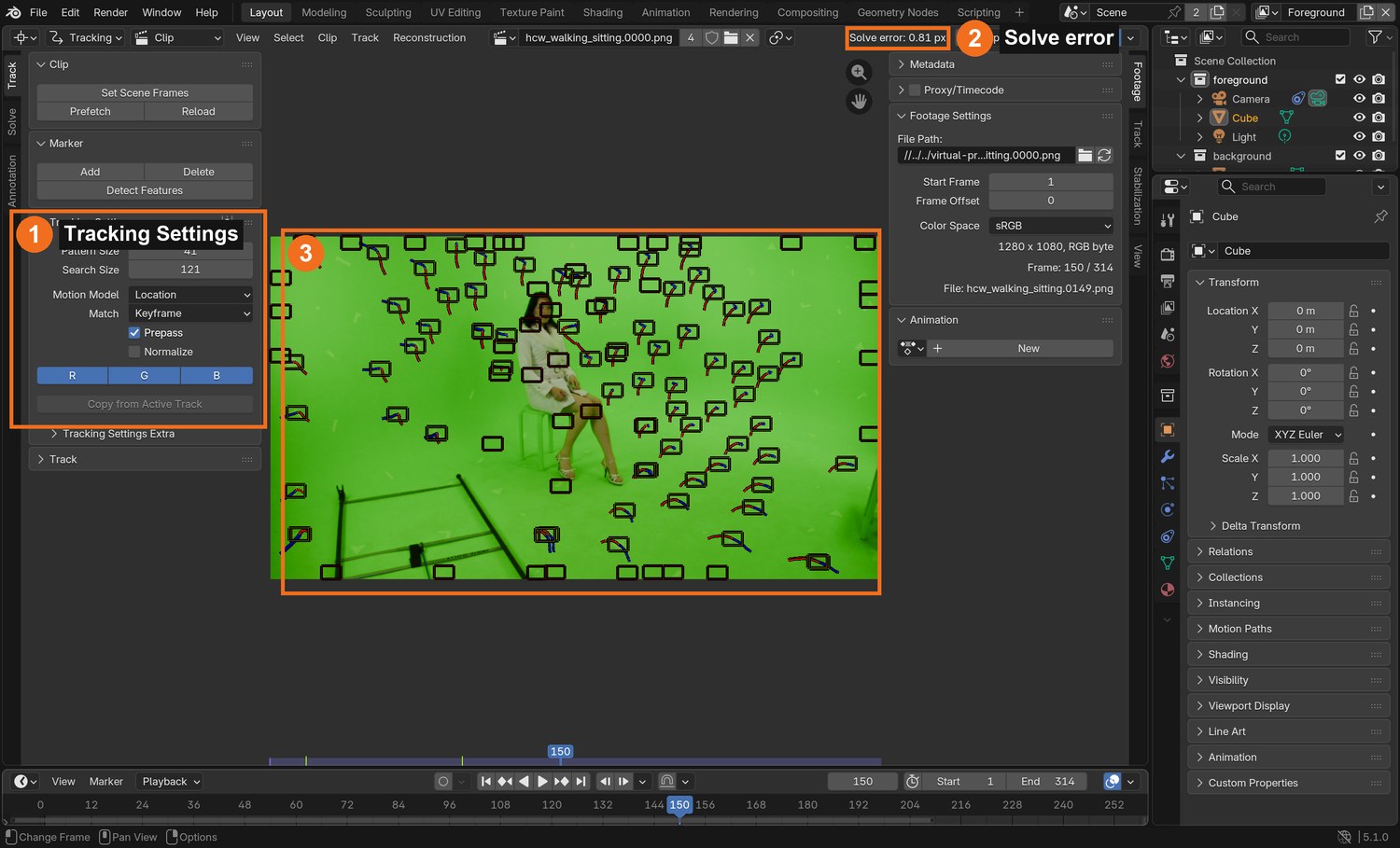 Real screenshot of the demo: tracking settings (1), the solve error readout (2) and 117 tracked markers on the plate (3).