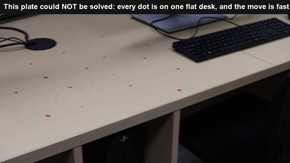 A plate from our own classroom that Blender could not solve: all the red dots are on one flat desk and the handheld move is fast.