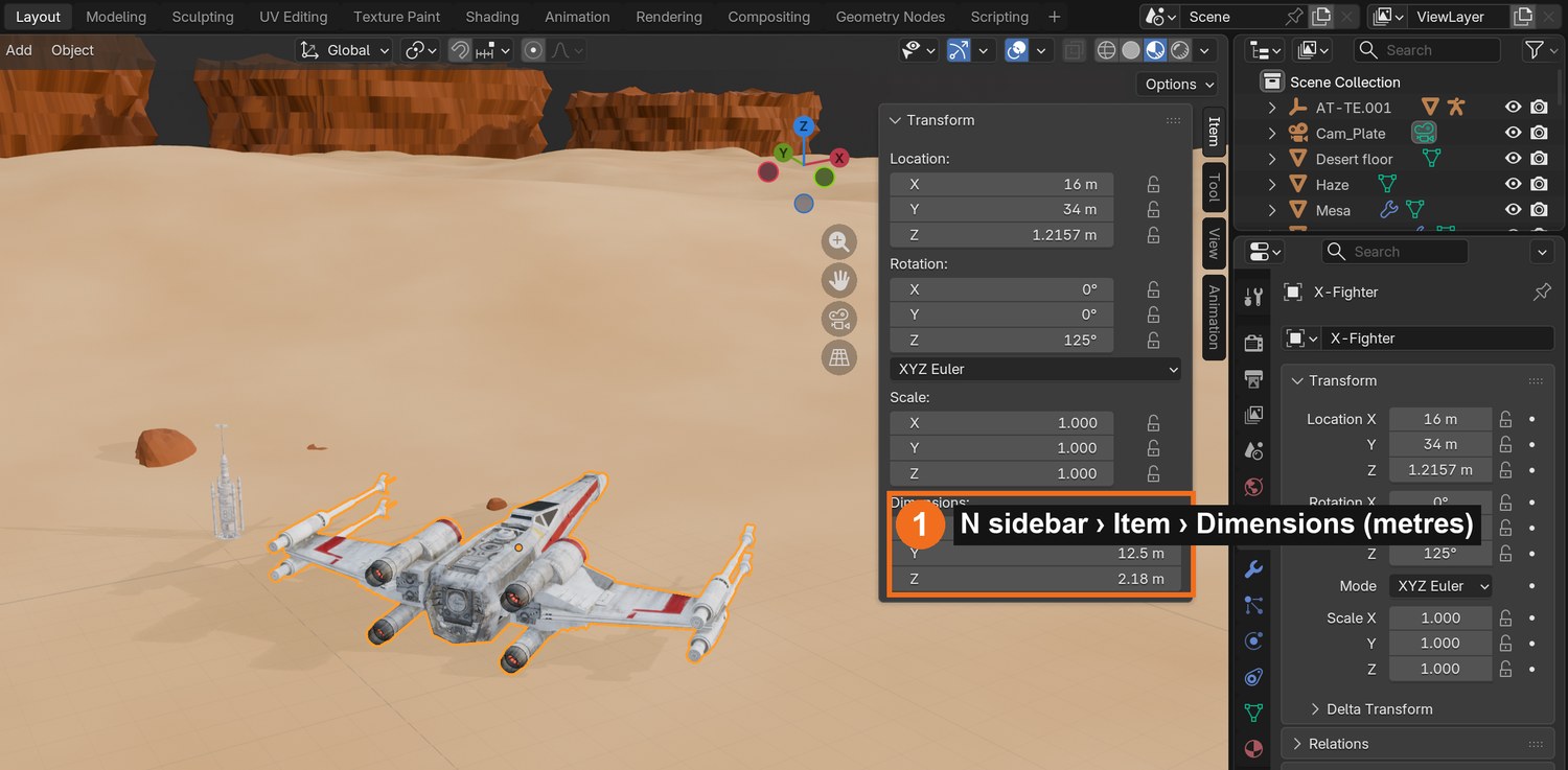 Select a model and press N: the Item tab shows its Dimensions in metres. This fighter is 12.5 m long.
