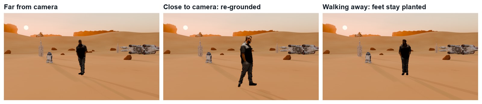 Real renders: our teacher’s clip grounded in the demo world. Far, near and walking away, his feet stay on the sand and his shadow matches.