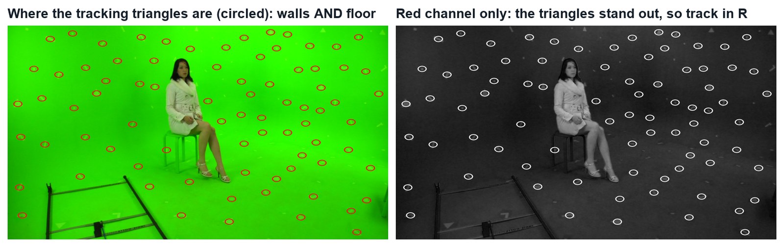 Left: every triangle is a possible marker. Right: the red channel, where the triangles stand out from the green.
