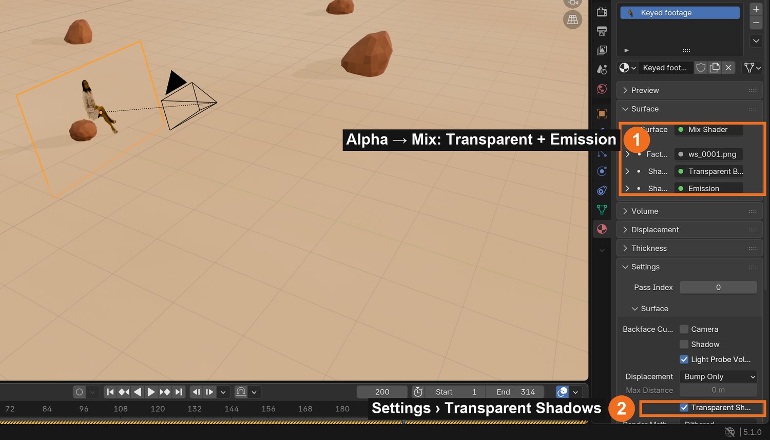 Material properties for the footage card: the image’s Alpha drives a Mix of Transparent and Emission (1); in Settings turn on Transparent Shadows (2).