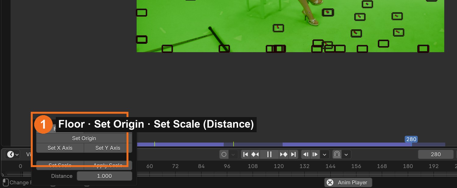 Real screenshot of the Orientation panel: Floor, Set Origin, Set X/Y Axis, and Set Scale with its Distance.