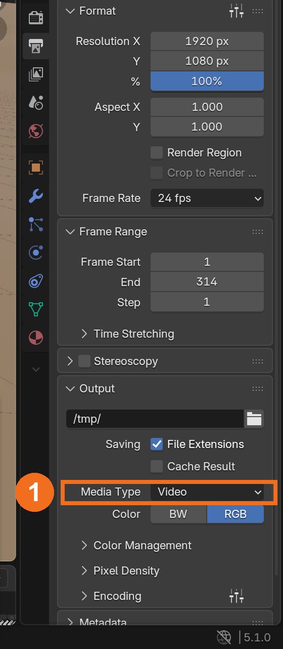 Output properties (printer icon): resolution and frame rate at the top; set Media Type to Video (1), then open Encoding for MPEG-4, H.264 and AAC audio.
