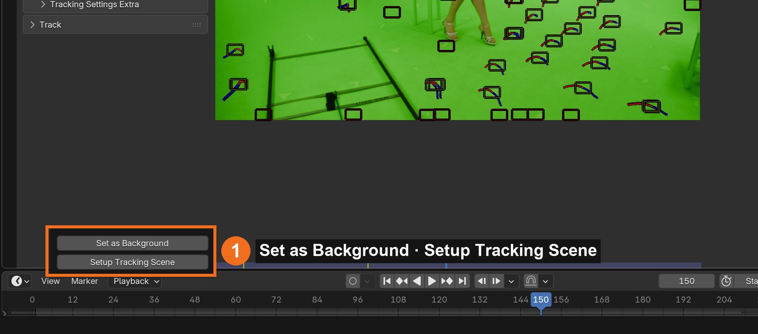 Solve tab › Scene Setup: Set as Background, then Setup Tracking Scene.