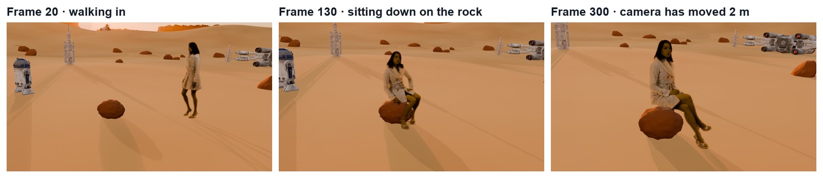 Real renders across the demo shot: walking in, sitting on a rock placed where the stool was, and after the camera has moved 2 m.