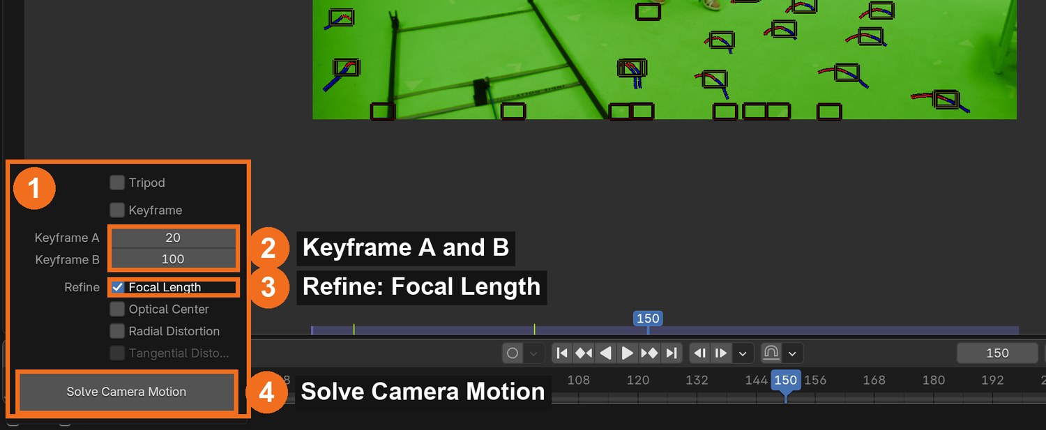 Real screenshot of the Solve panel: keyframes A and B (2), Refine Focal Length (3), Solve Camera Motion (4).