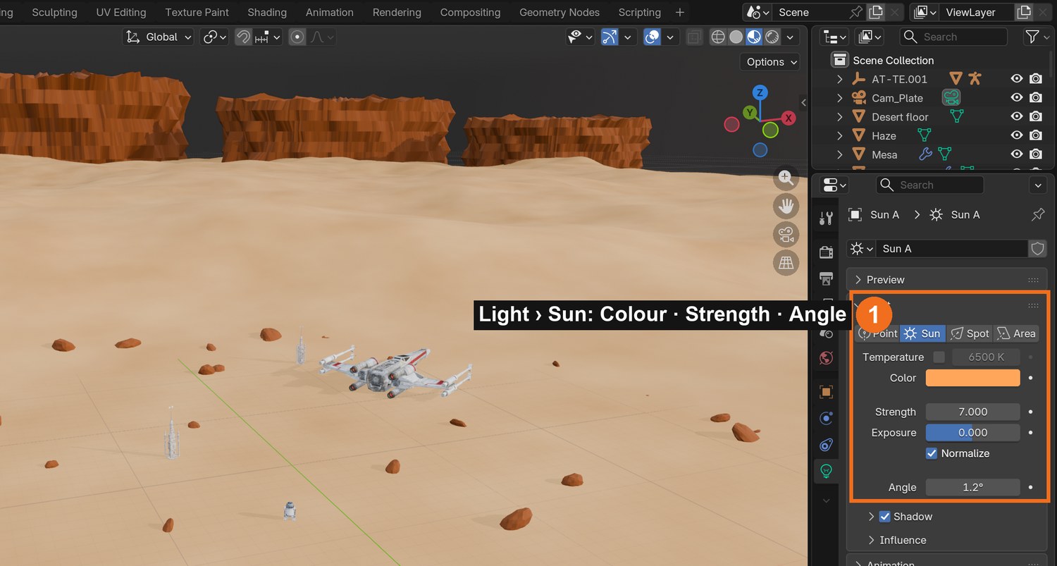 Select the Sun, then Object Data properties (light icon): Colour, Strength and Angle. Rotate the Sun object to change its direction.