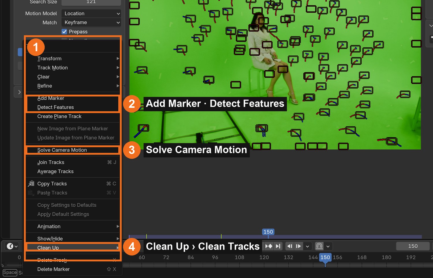 The Track menu (1): Add Marker and Detect Features (2), Solve Camera Motion (3), Clean Up (4).