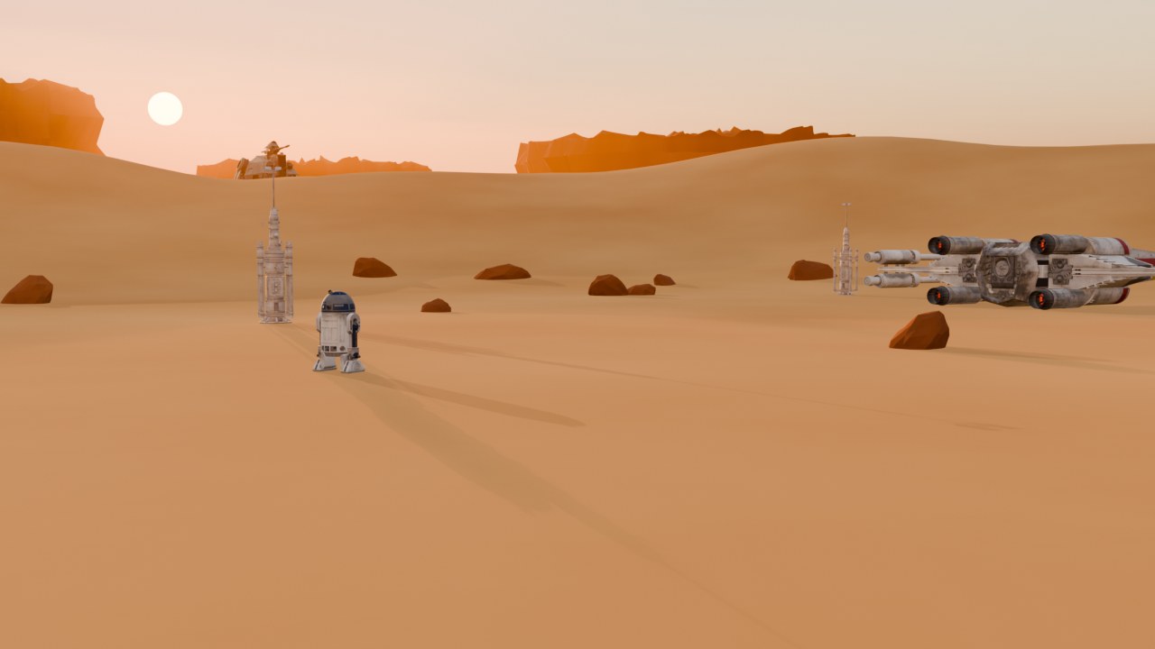 Real render of the demo world: props sized in metres, placed on thirds, with the walking area left clear.