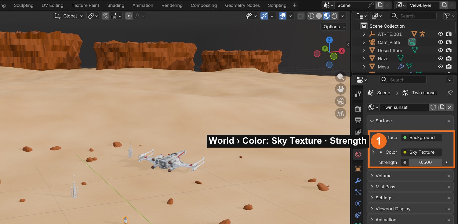 World properties (globe icon): Color set to Sky Texture, with its Strength. Open the Sky Texture to set the sun’s elevation and rotation.
