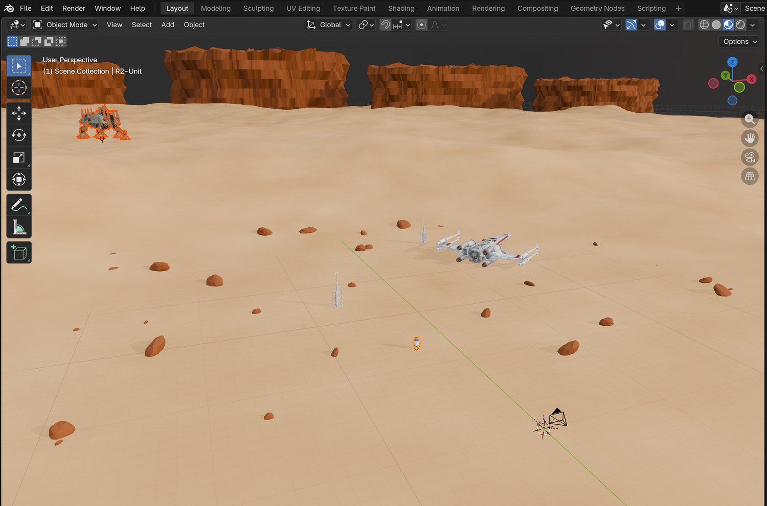 Real screenshot: the demo world in the 3D Viewport. A flat walking area near the camera, dunes and mesas beyond.