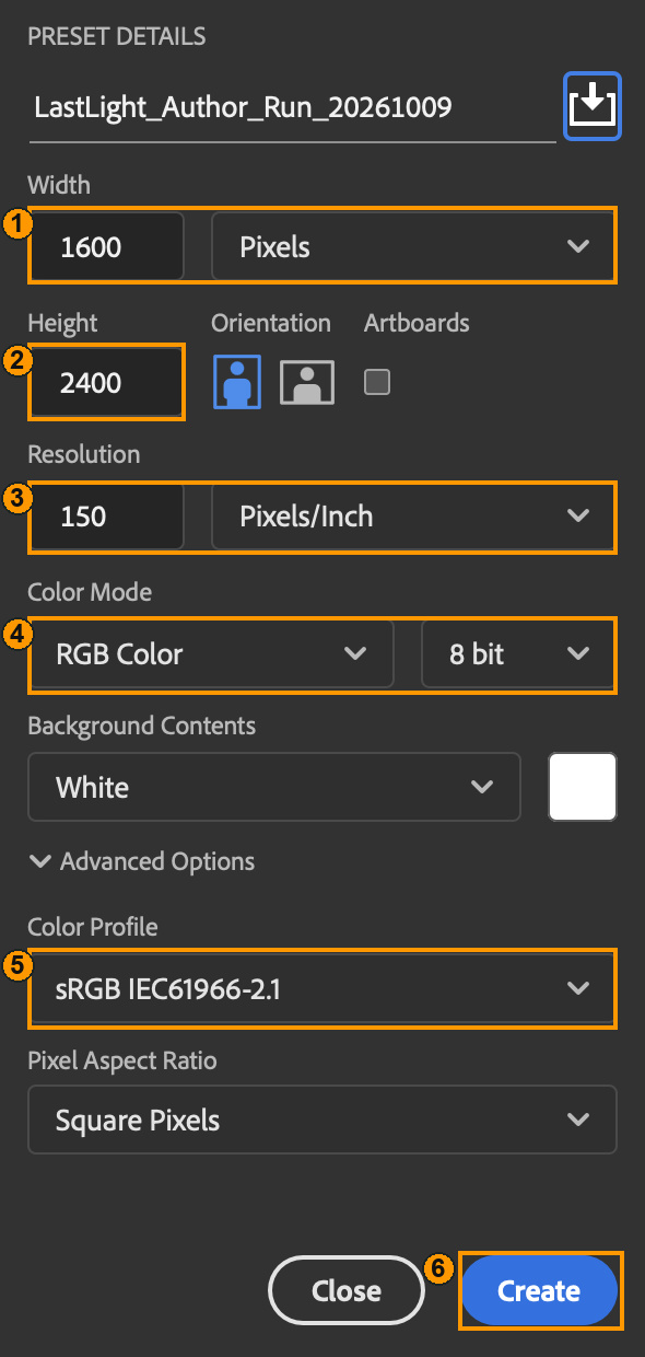 1 Width; 2 Height; 3 Resolution; 4 RGB/8 bit; 5 sRGB; 6 Create.