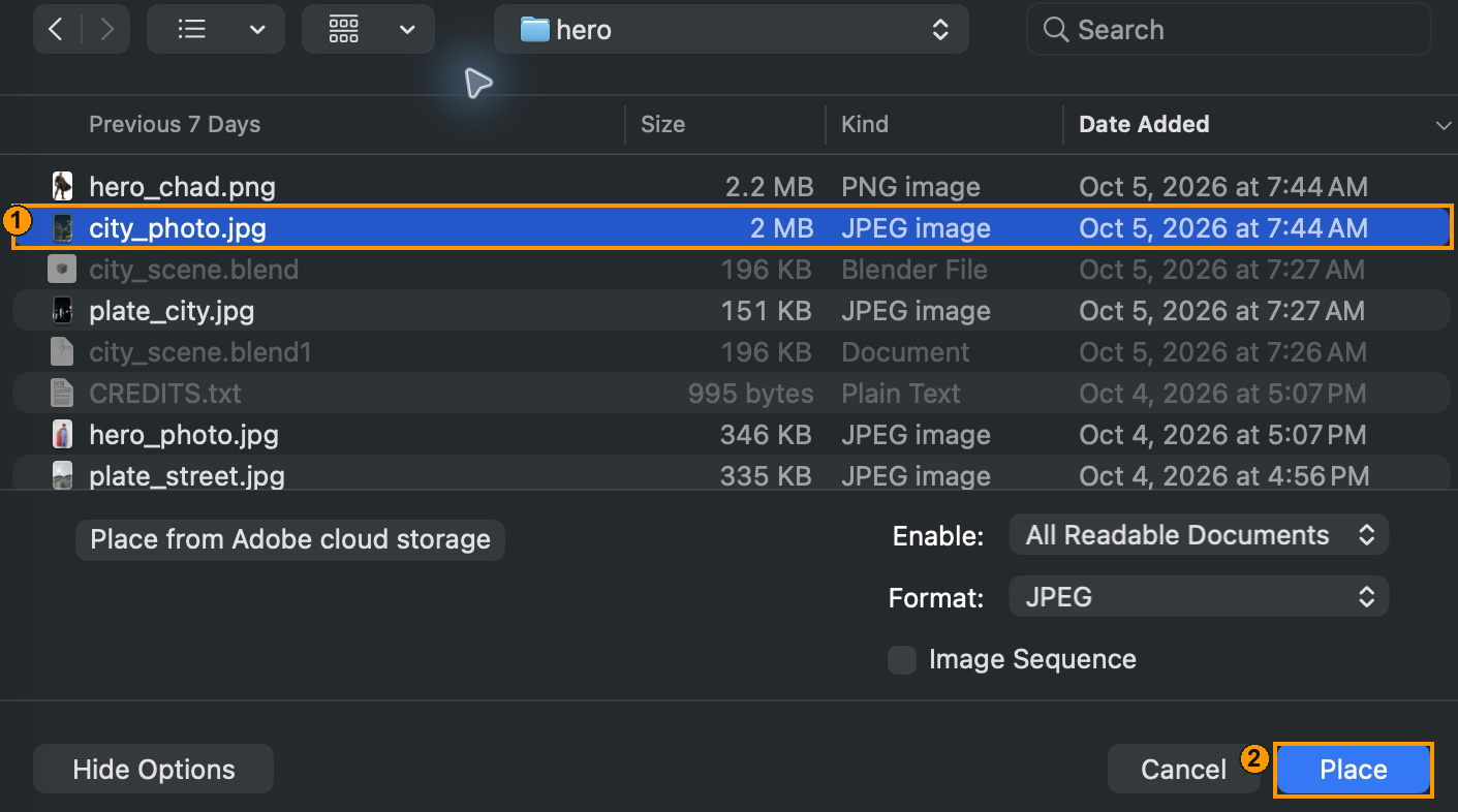 The real file chooser: city_photo.jpg selected (1), Place (2).