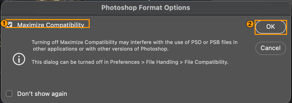 The actual PSD compatibility confirmation that appeared after Save.