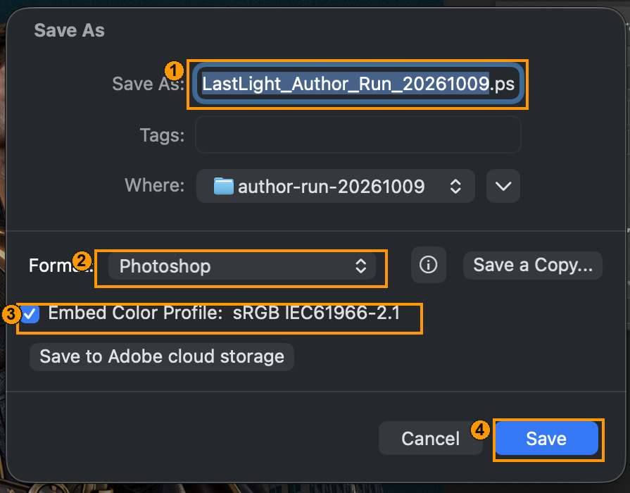 Real save dialog: 1 PSD name; 2 Photoshop format; 3 embedded sRGB; 4 Save.