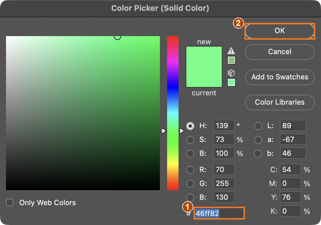 1: hexadecimal colour. 2: OK. This is the original layer’s actual colour.