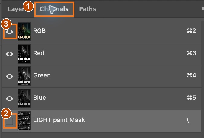 1: Channels. 2: mask visibility. 3: RGB visibility. This is the verified alternative to Option-click.