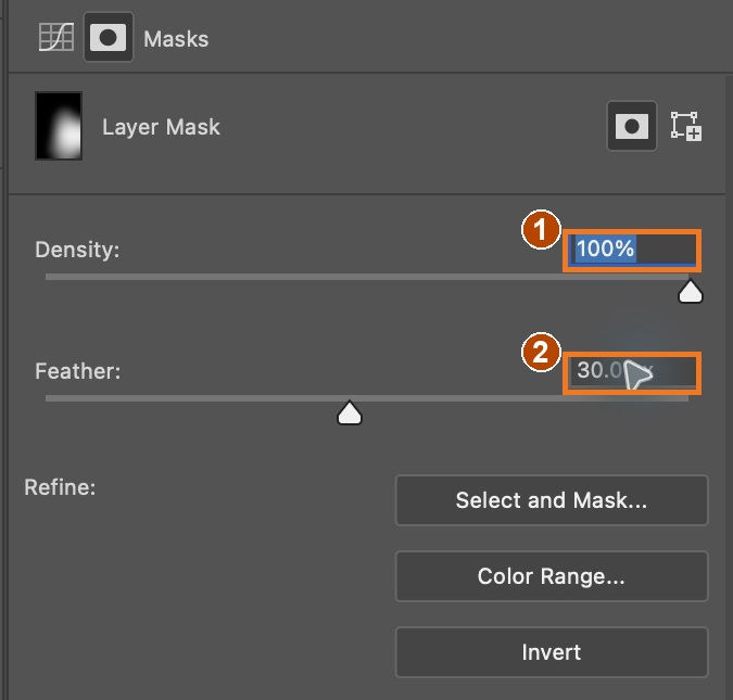 1: Density 100%. 2: Feather 30 px. Applied in the repair copy.