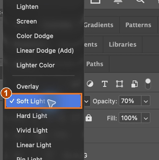 The real dropdown is open; 1 boxes Soft Light.