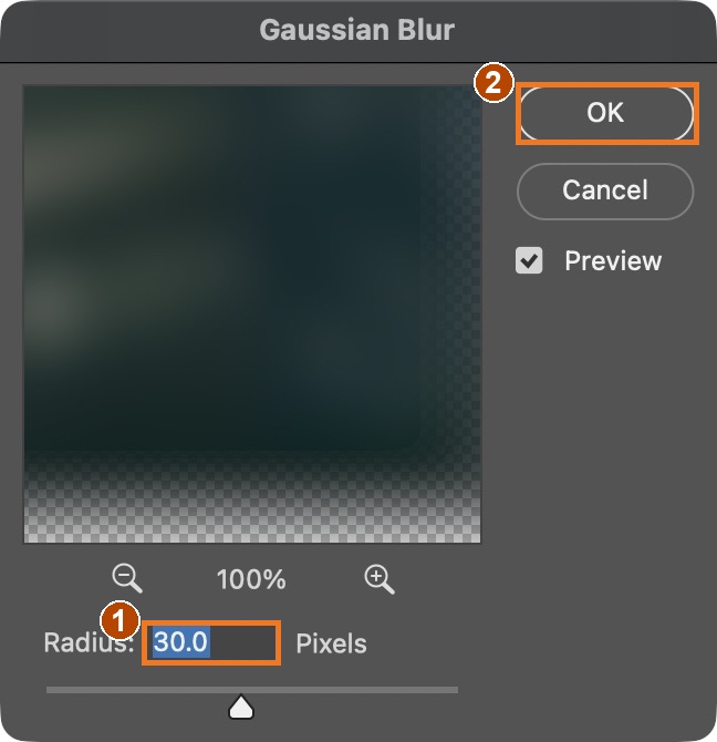 1: 30 px. 2: OK. This filter dialog was actually opened and confirmed.