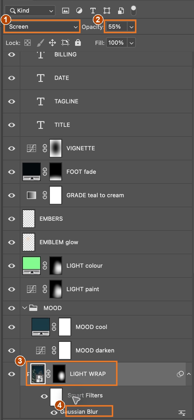 1: Screen. 2: 55%. 3: clipped LIGHT WRAP Smart Object and mask. 4: Gaussian Blur.