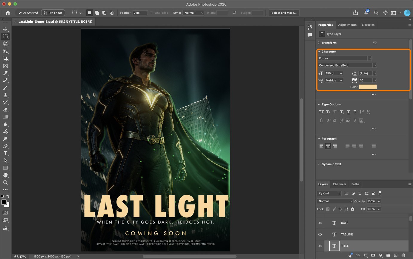 Box: the Character settings for the title (Futura Condensed ExtraBold, 150 pt, colour sampled from the light).
