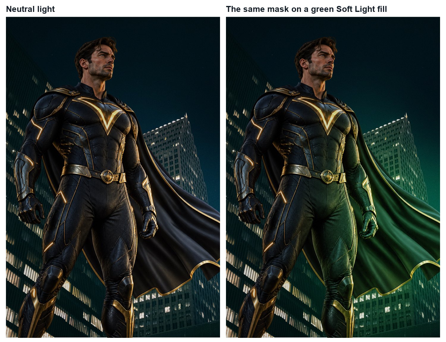 Original scripted result comparison: neutral light becomes green reflected light.