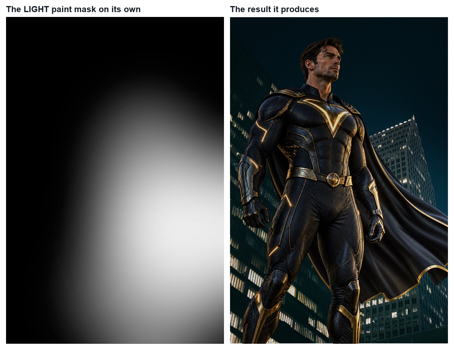 Left: the mask on its own; white is where the light lands. Right: the result it produces.