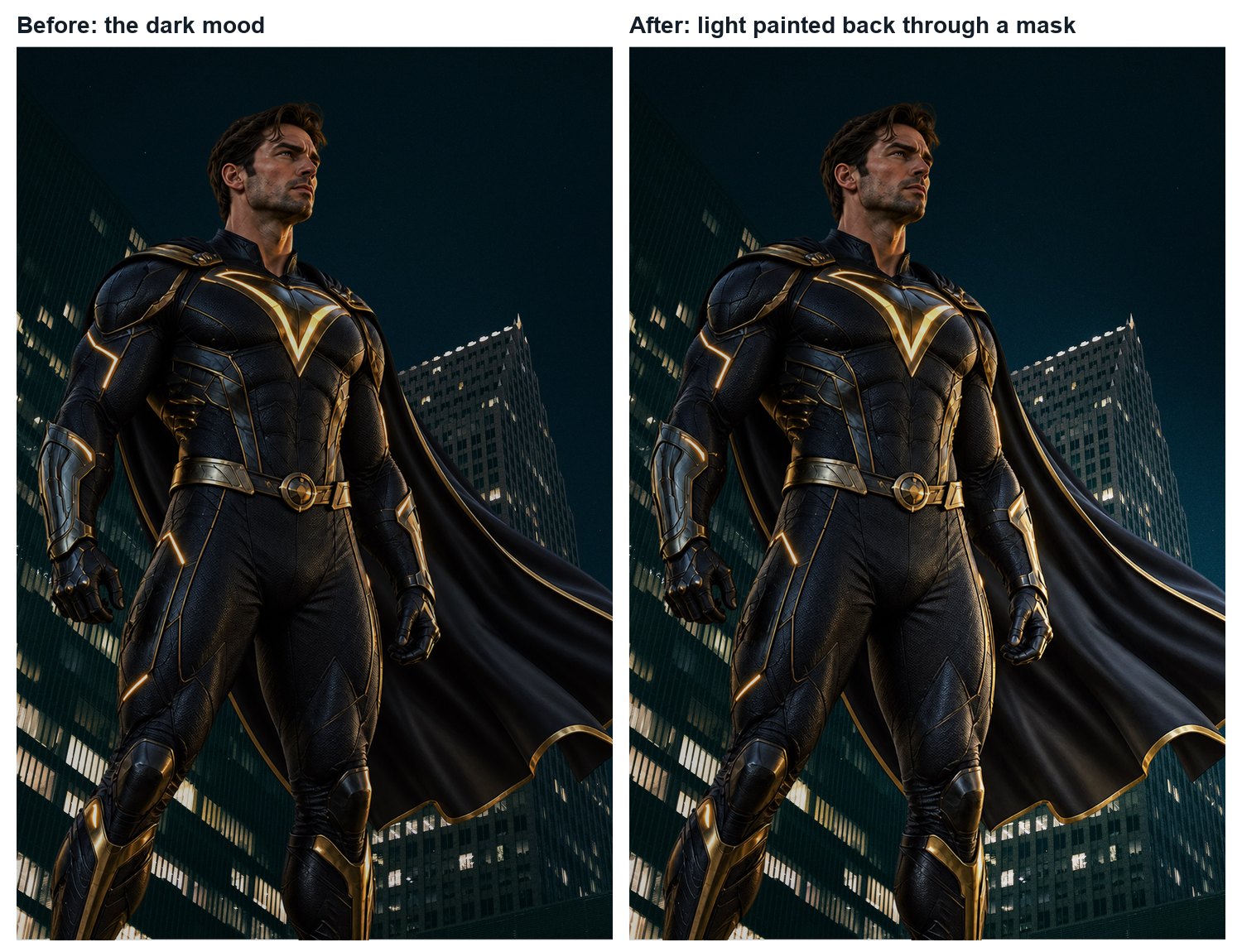 Original scripted construction, before and after the light mask. The full manual painting sequence is not yet run to the same result.