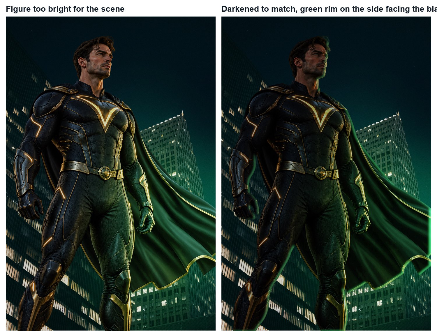 Before and after: the hero now sits in the night, with a green edge on the blast side only.