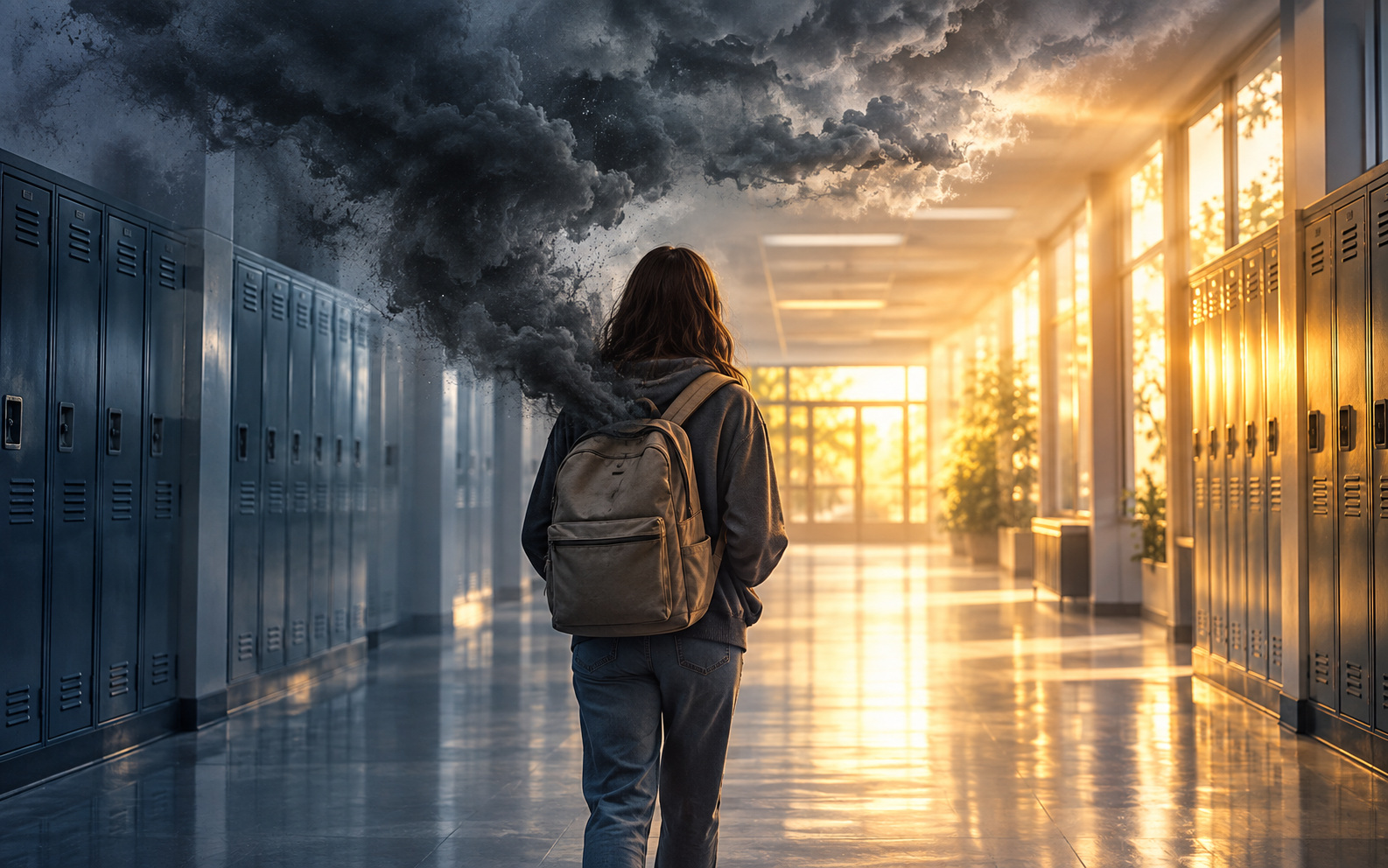 A student in a hallway carrying a backpack in the class concept “The weight you carry”