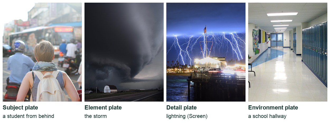 Starter plates for the class concept: a subject, the storm element, a lightning detail and an environment. All are openly licensed.