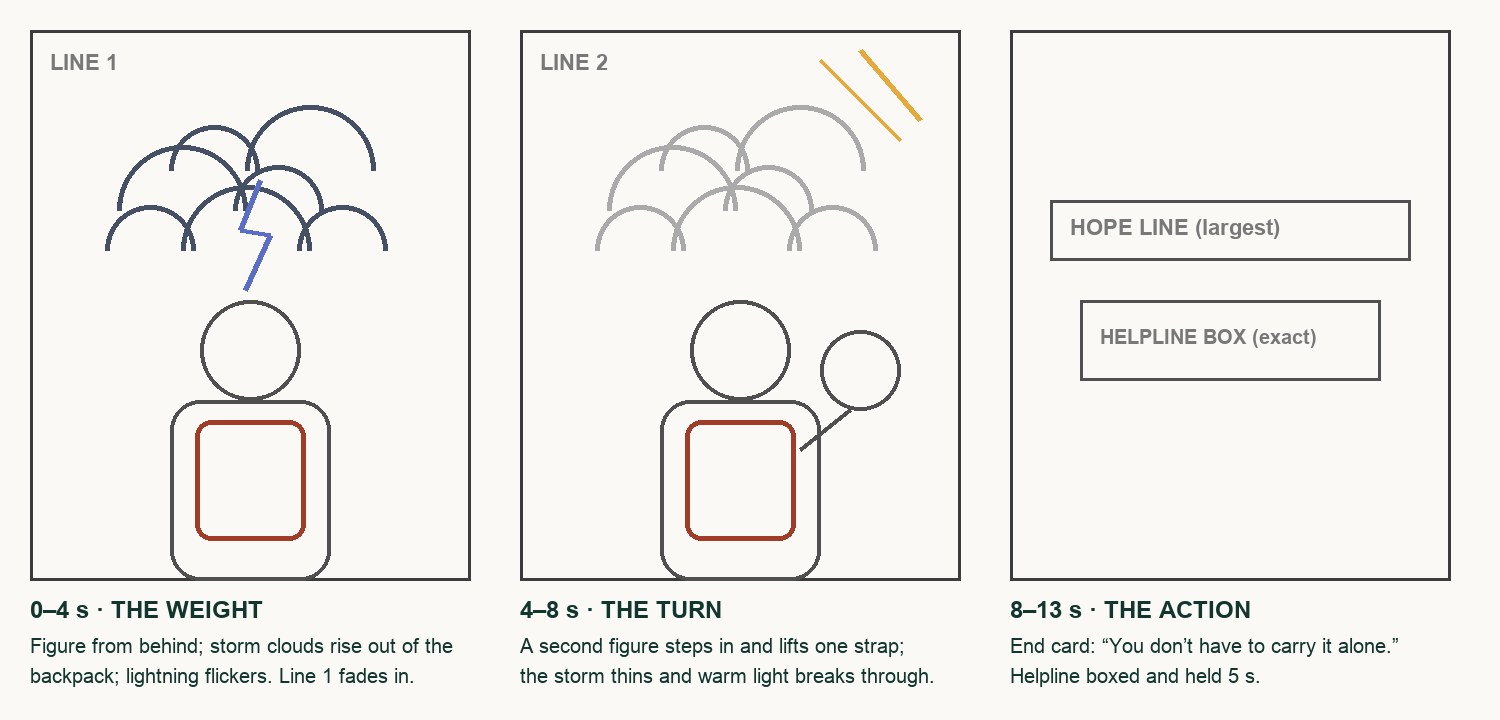 Thumbnail storyboard of the class concept: quick shapes, timings and notes. Agencies thumbnail before any Photoshop.