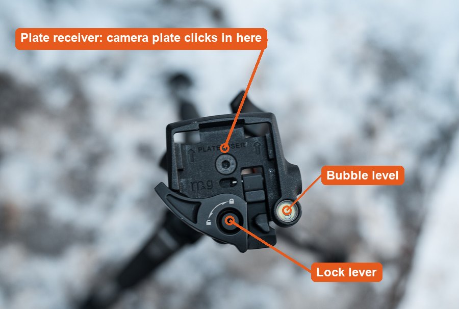 Real quick-release head: plate receiver, lock lever and bubble level.