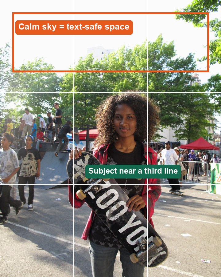 Plan the text space and the subject position at the shoot, not in Photoshop.