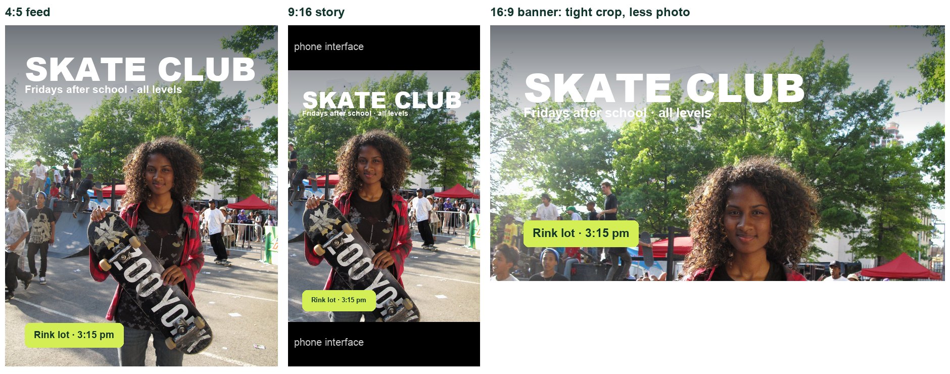 One real campaign in three shapes. Notice the phone interface on the story and how tight the banner crop is.