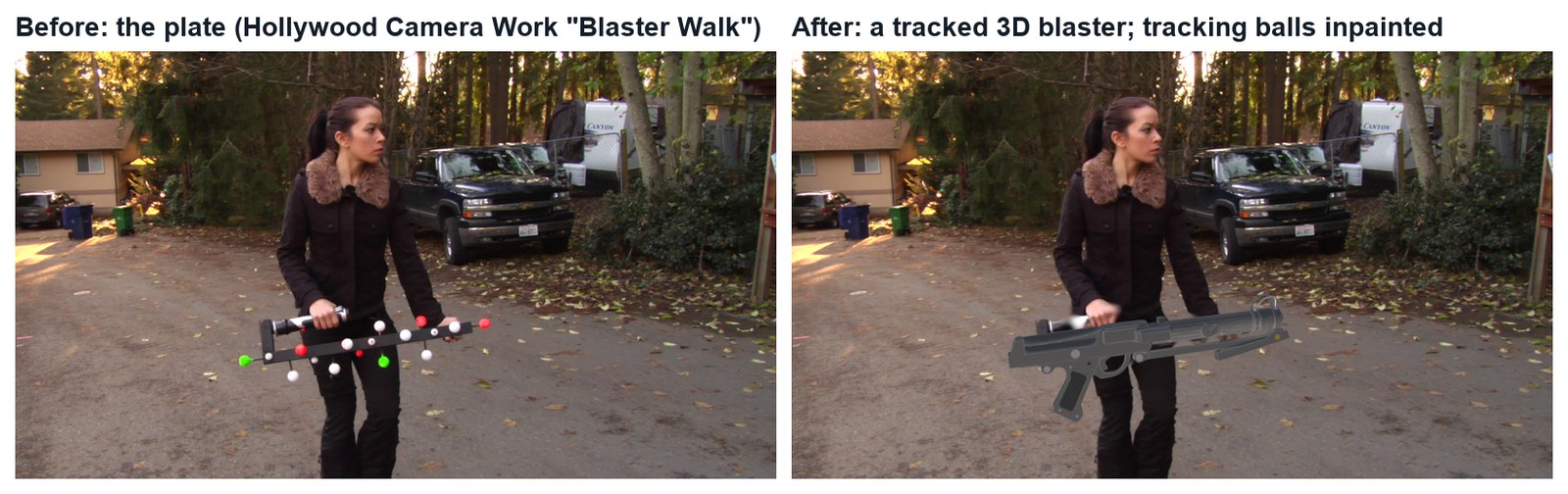 Real frames: the plate, and the same frame with a tracked 3D blaster.