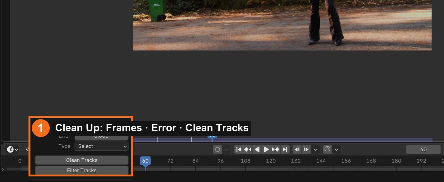 Solve tab › Clean Up: set Error, choose Select, and click Clean Tracks to find the worst tracks.
