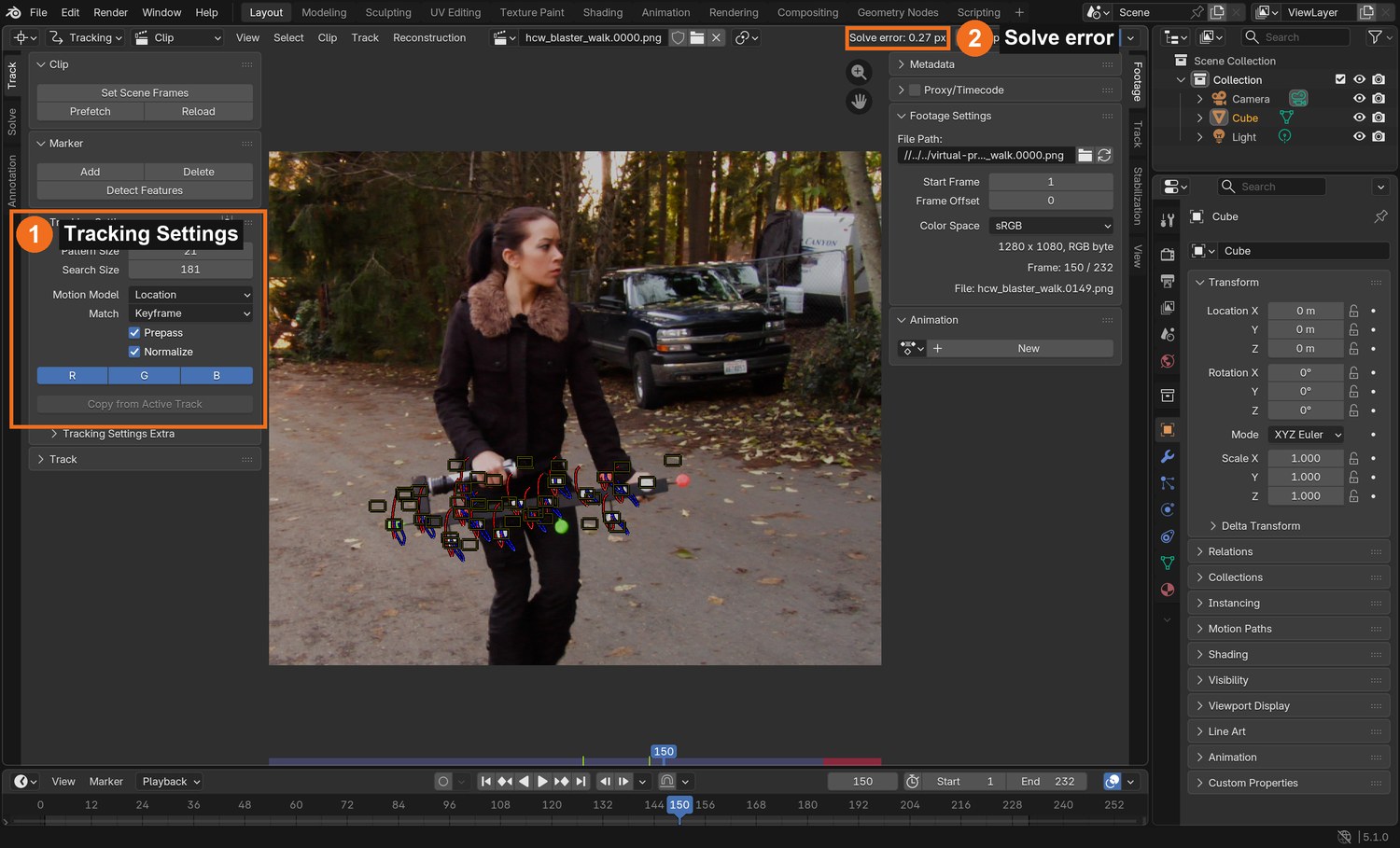 The Clip Editor with the demo’s markers on the prop: Tracking Settings (1) and the solve error (2).