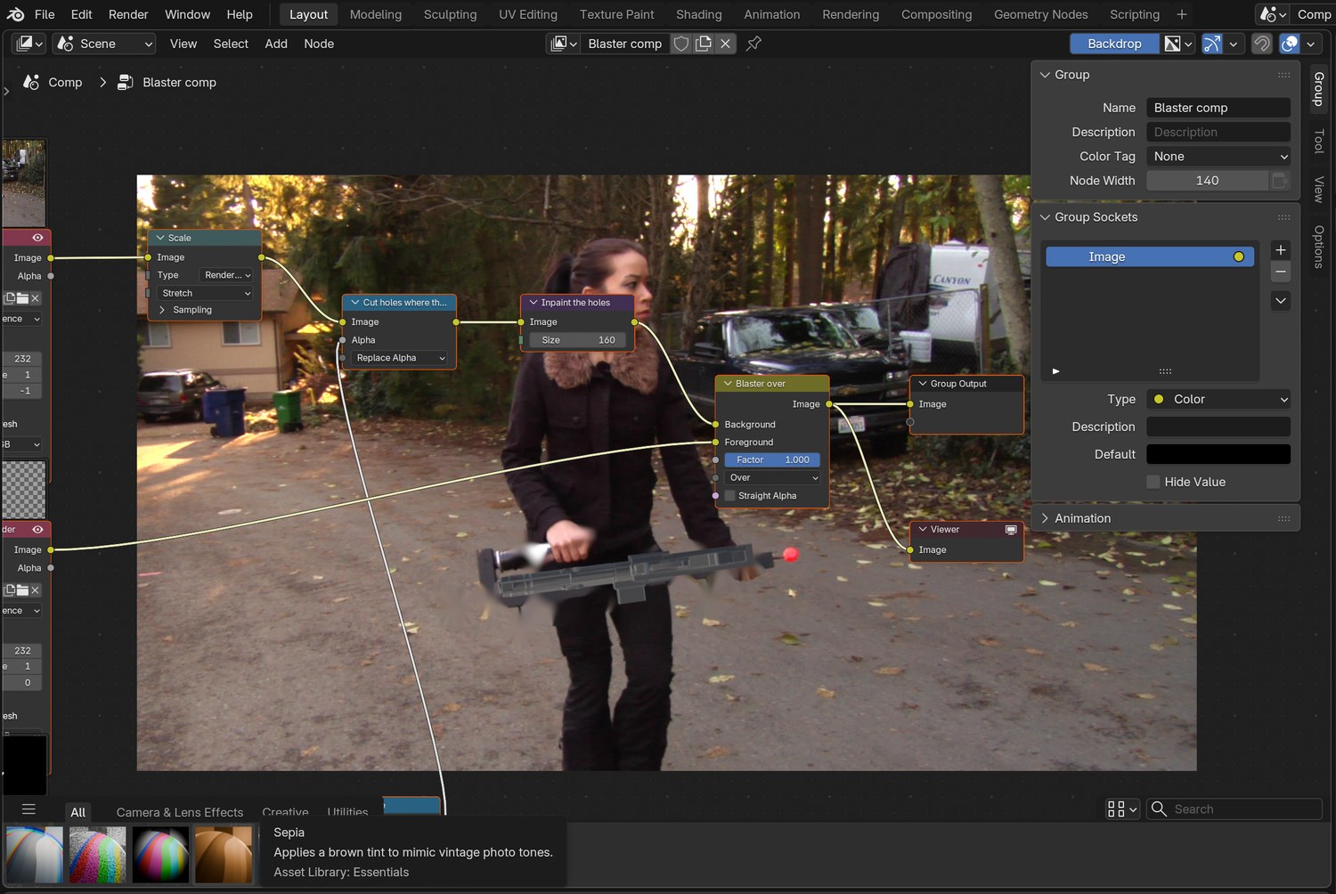 Real screenshot of the demo node tree: the plate has holes cut by the matte, the Inpaint node fills them, and the blaster goes over the top.