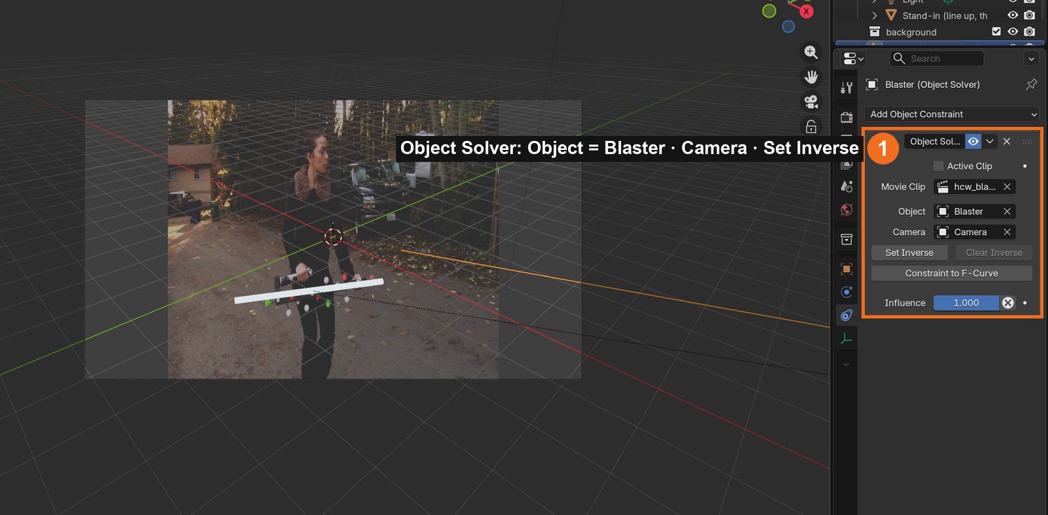 Real screenshot: the Object Solver constraint (Object = Blaster) and a white stand-in cylinder lined up with the bar in camera view.