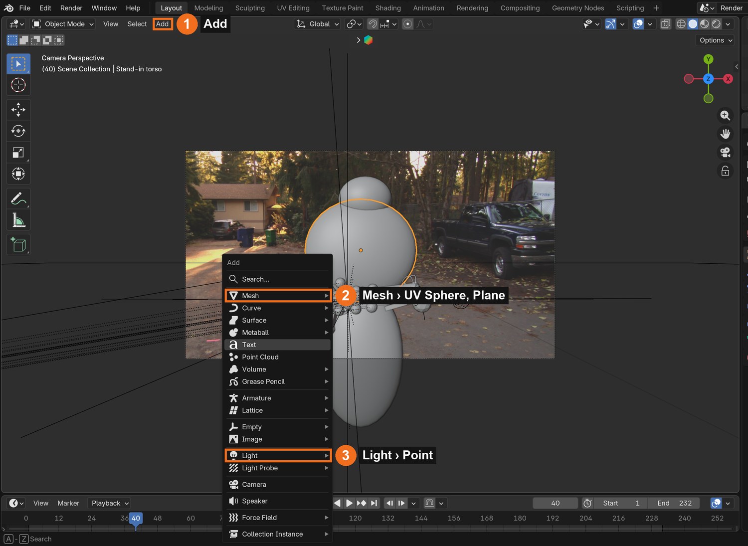 Add (1) › Mesh (2) › UV Sphere for each body part, and Plane for the road.