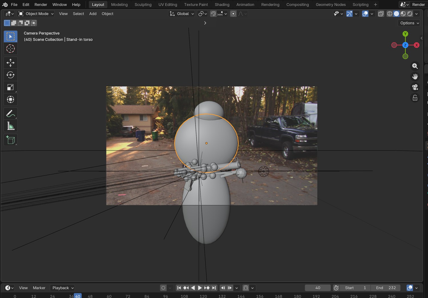 Real screenshot: three white stand-in shapes over the actor in camera view, with the plate behind. They are rough on purpose.