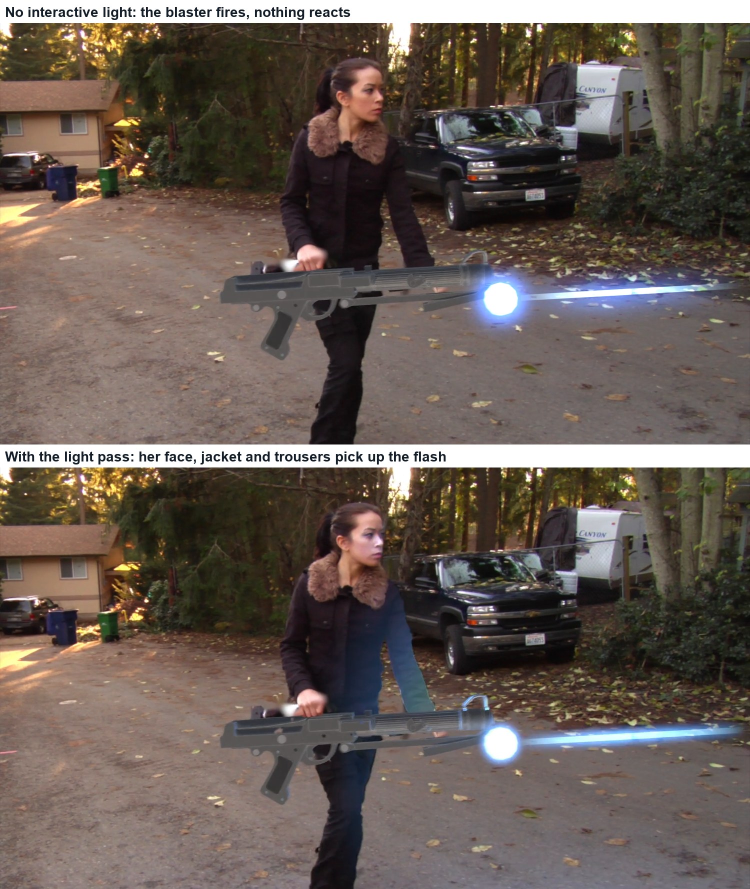 Real frames from the demo, frame 130. Top: the blaster fires but nothing around it reacts. Bottom: the flash lights her face, her jacket and her trousers, and her hands are in front of the blaster.