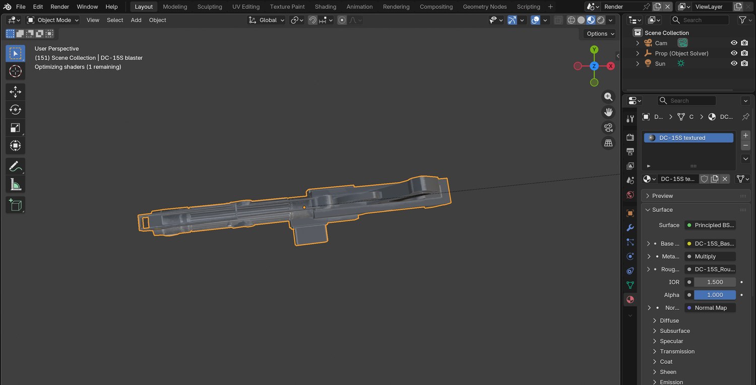Real screenshot: the DC-15S model in the demo, with its texture maps connected in the material (1).