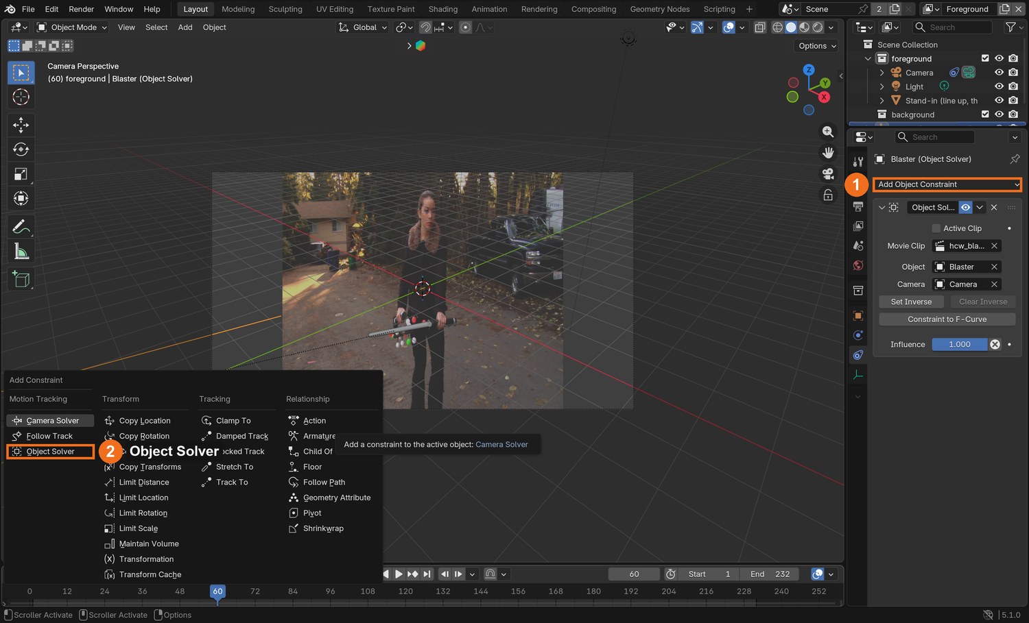 With the Empty selected: Object Constraint properties › Add Object Constraint (1) › Object Solver (2), in the Motion Tracking column. Then set Object to Blaster and Camera to the scene camera, as in the panel on the right.
